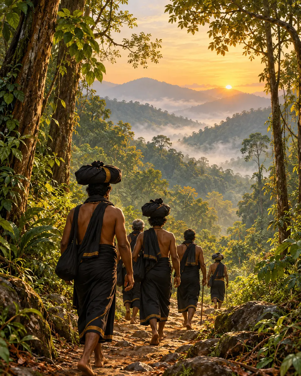 An illustrated group of pilgrims walking through a forest toward sunlit hills